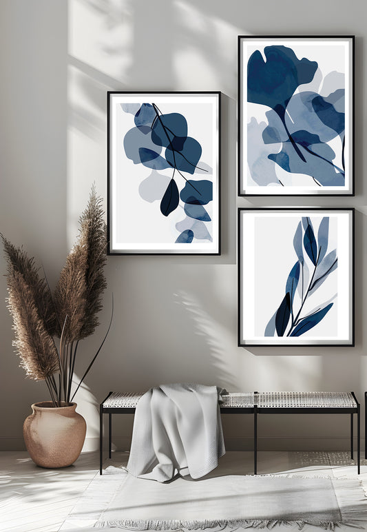 Abstract Blue Watercolour Leaves Posters Trio Pack