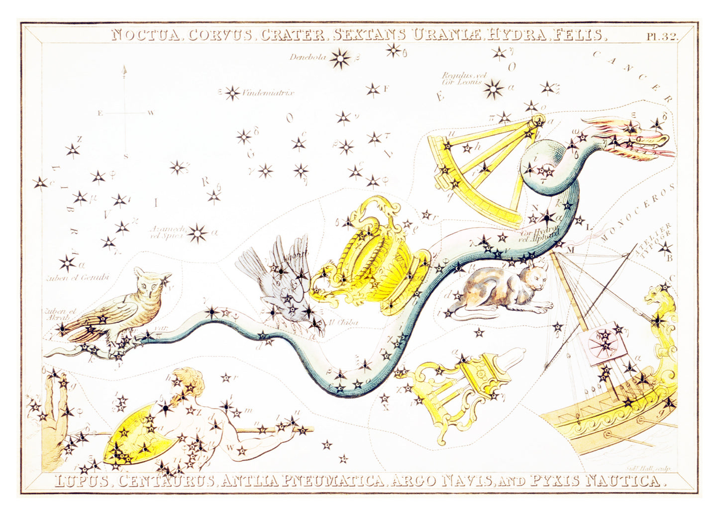 Noctua, Corvus, Crater, Sextans Uraniæ, Hydra, Felis, Lupus, Centaurus, Antlia Pneumatica, Argo Navis, and Pyxis Nautica