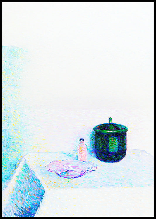 Still life with bowl, bottle and lidded box