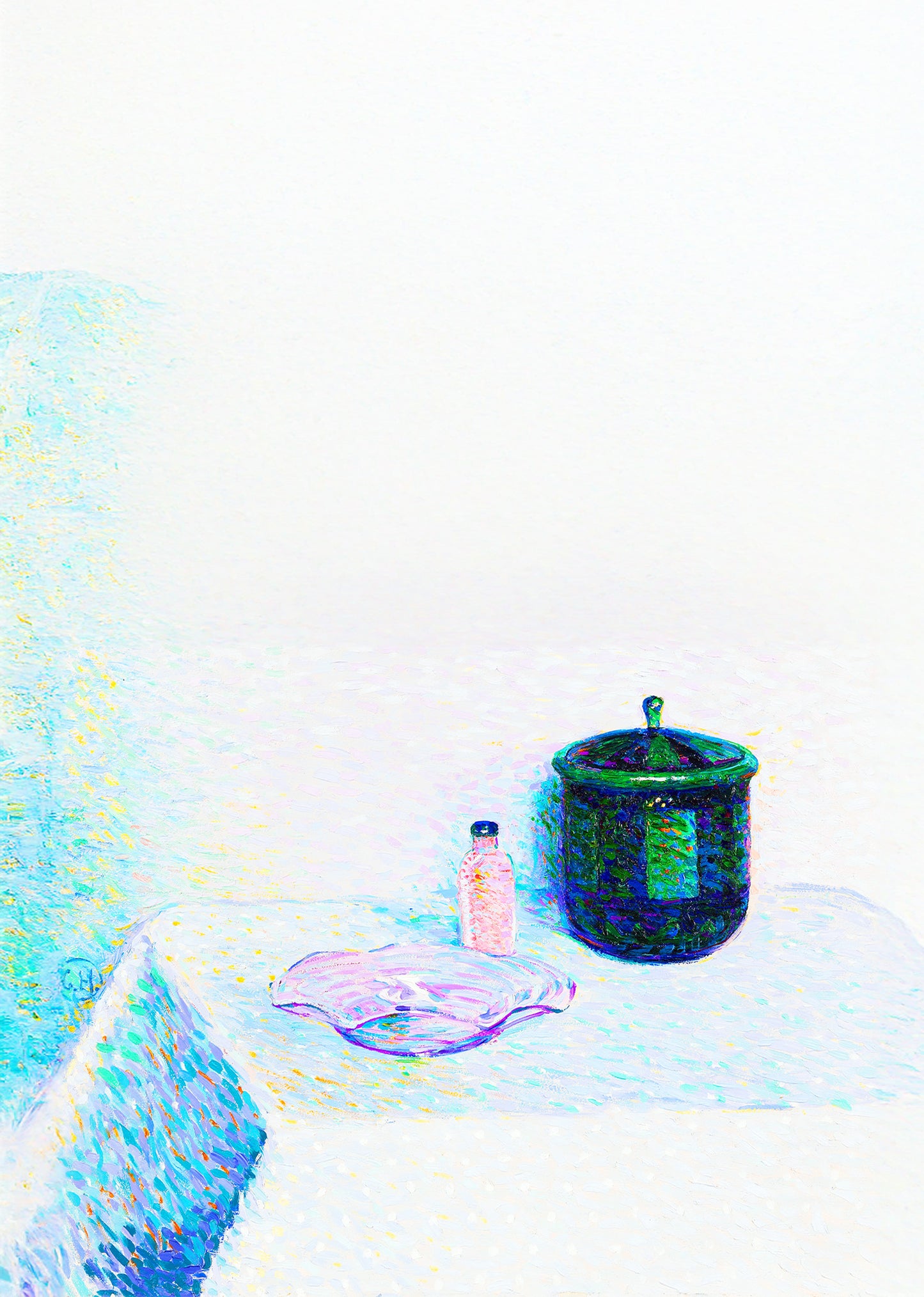 Still life with bowl, bottle and lidded box