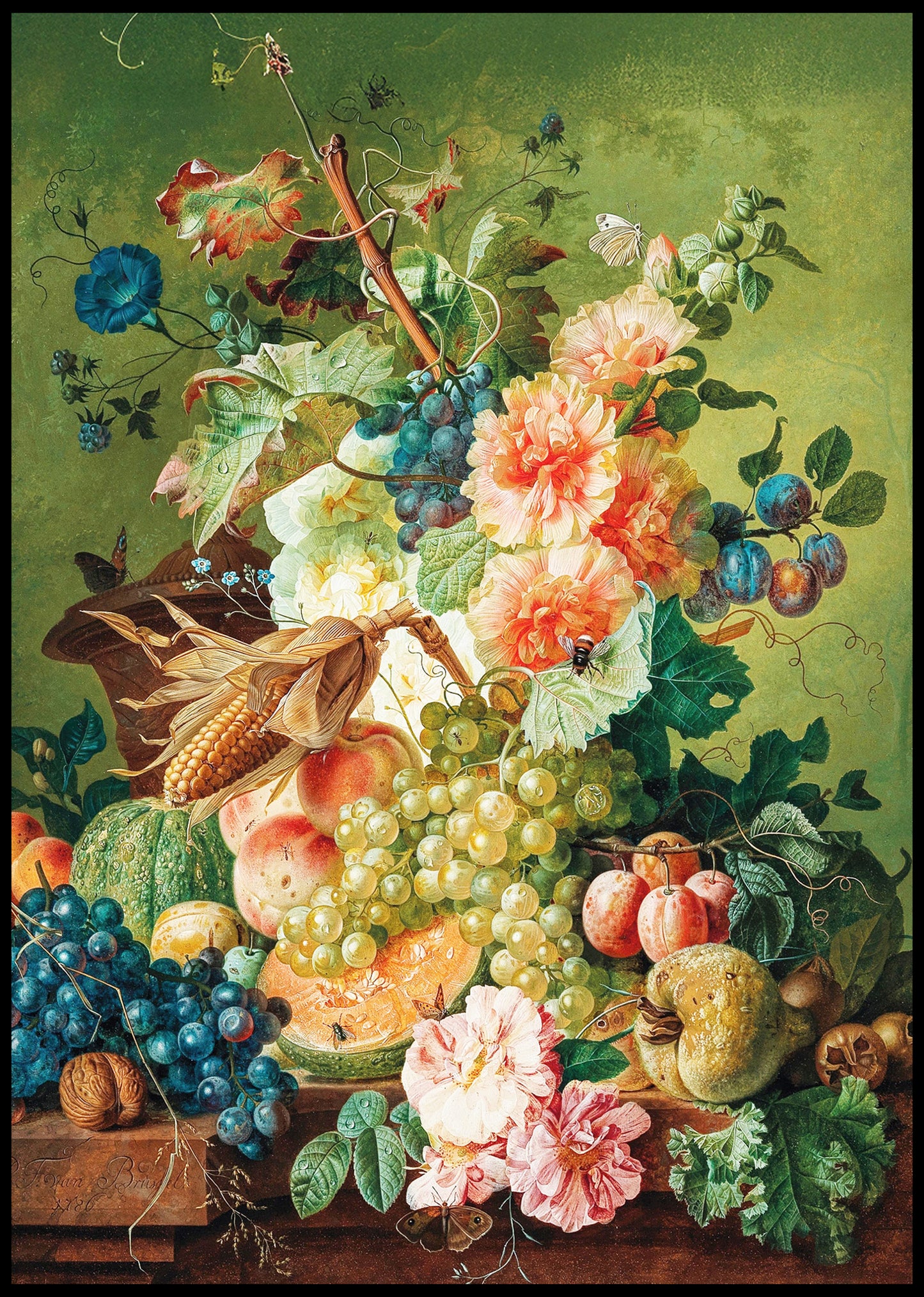 Flowers, Fruit And A Corn On The Cob On A Table Ledge