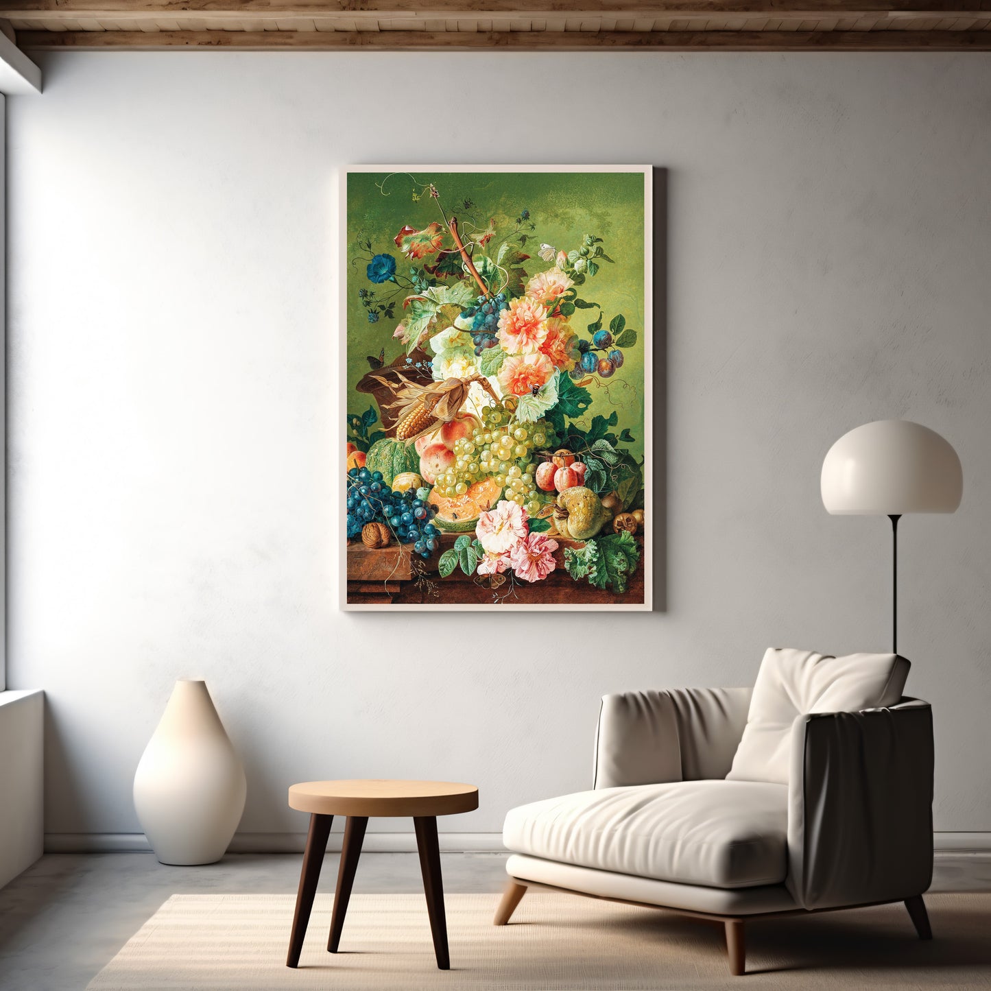 Flowers, Fruit And A Corn On The Cob On A Table Ledge