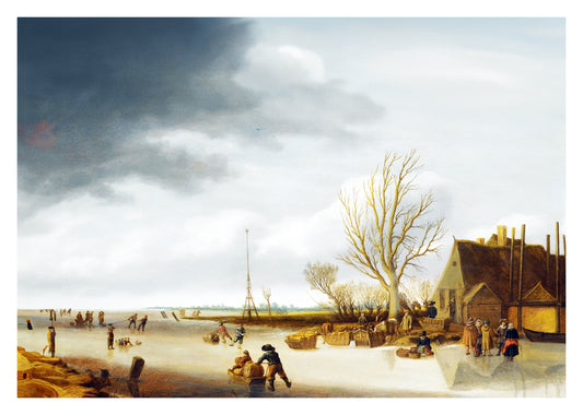 Winter Landscape With A Boy On Skates Pushing A Sled