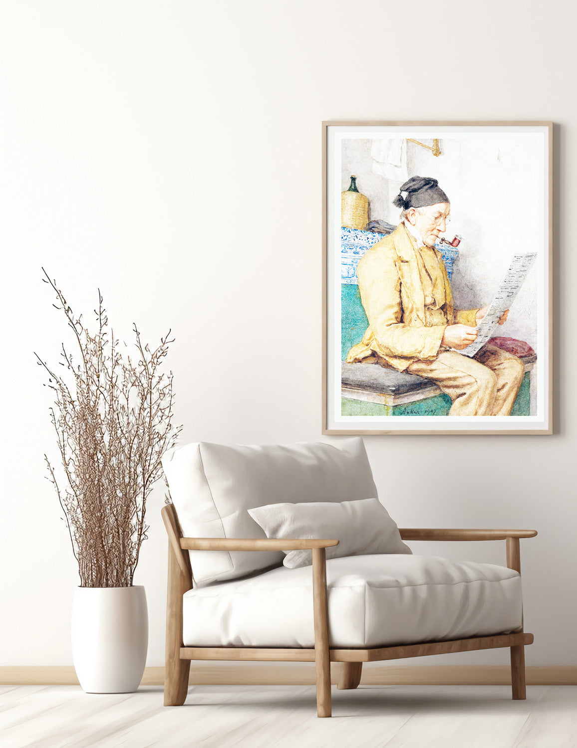 Reading Farmer Sitting By The Tiled Stove