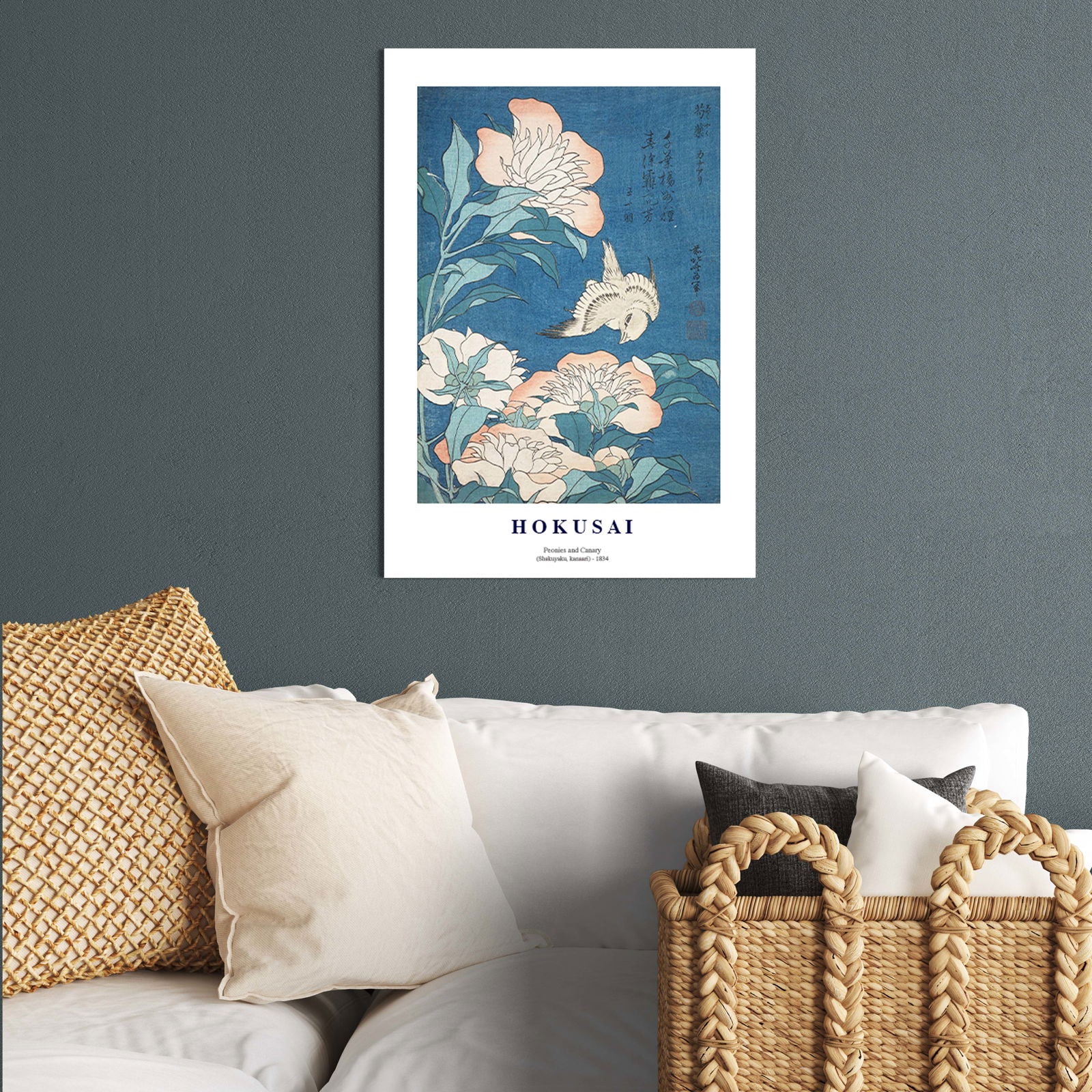 Katsushika Hokusai - Peonies and Canary 'Shakuyaku, Kanaari' Poster - Hakyarts