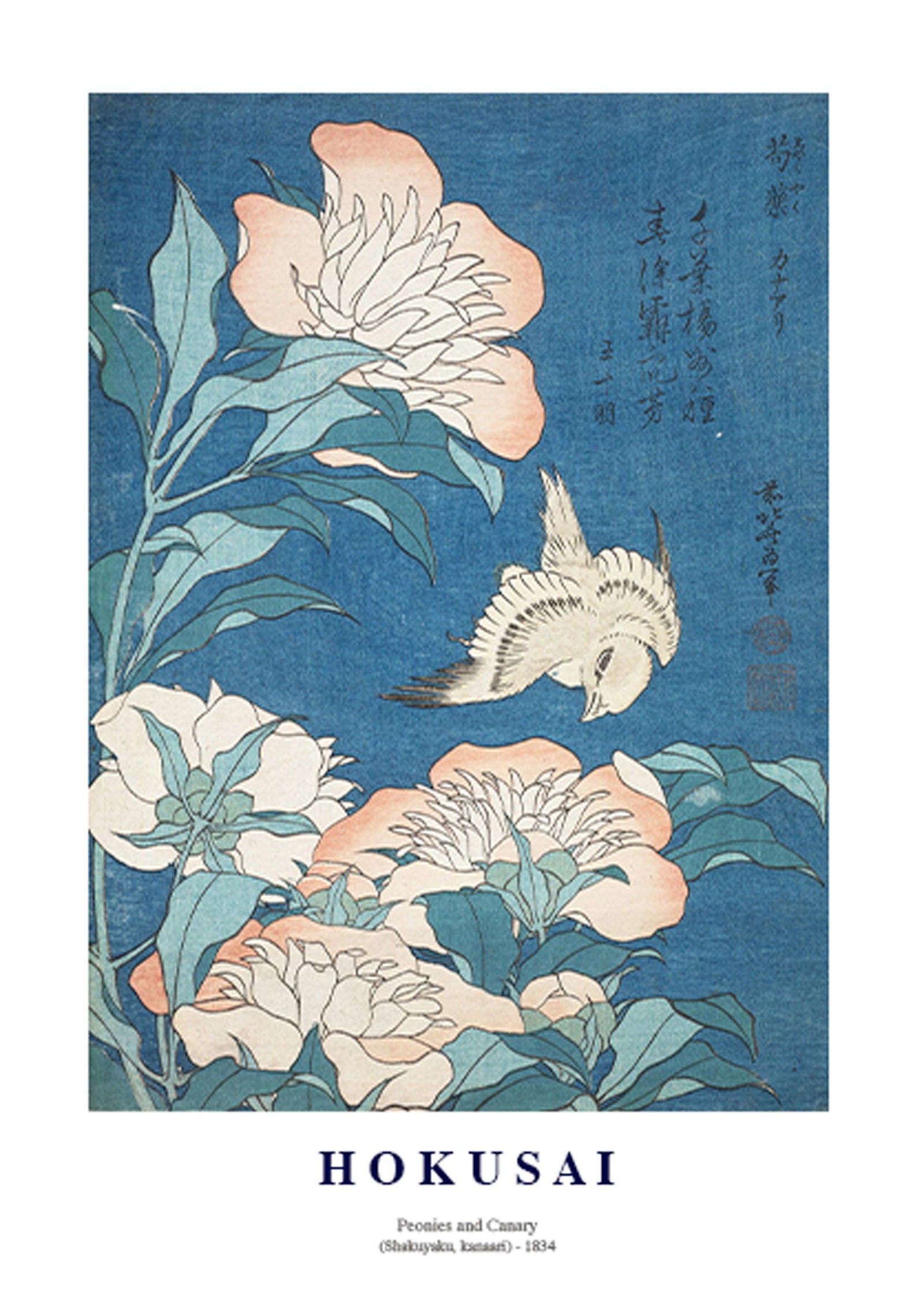 Katsushika Hokusai - Peonies and Canary 'Shakuyaku, Kanaari' Poster - Hakyarts