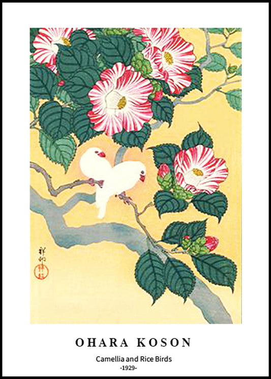 Ohara Koson - Camellia and Rice Birds Poster - Hakyarts