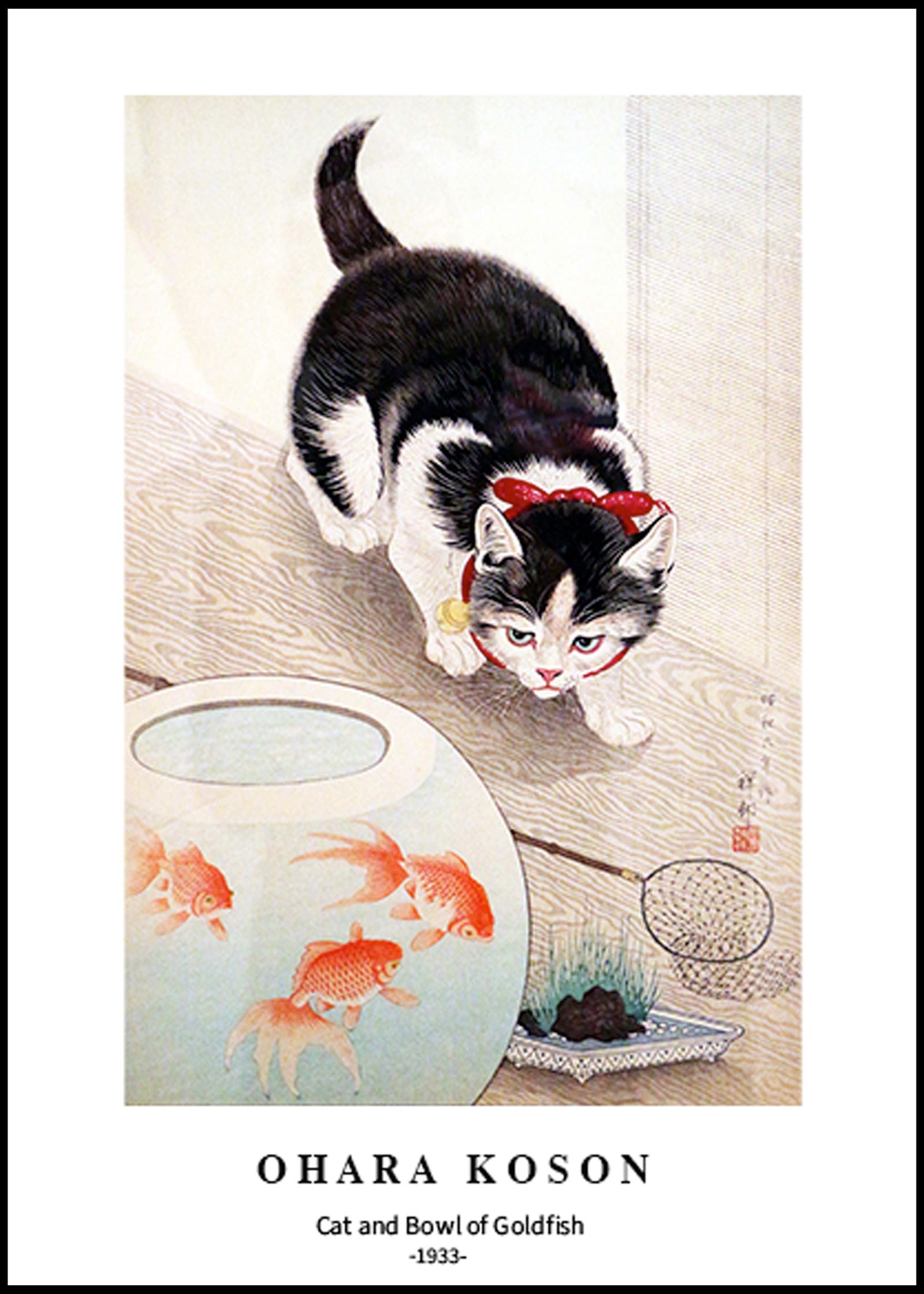 Ohara Koson - Cat and Bowl of Goldfish Poster - Hakyarts