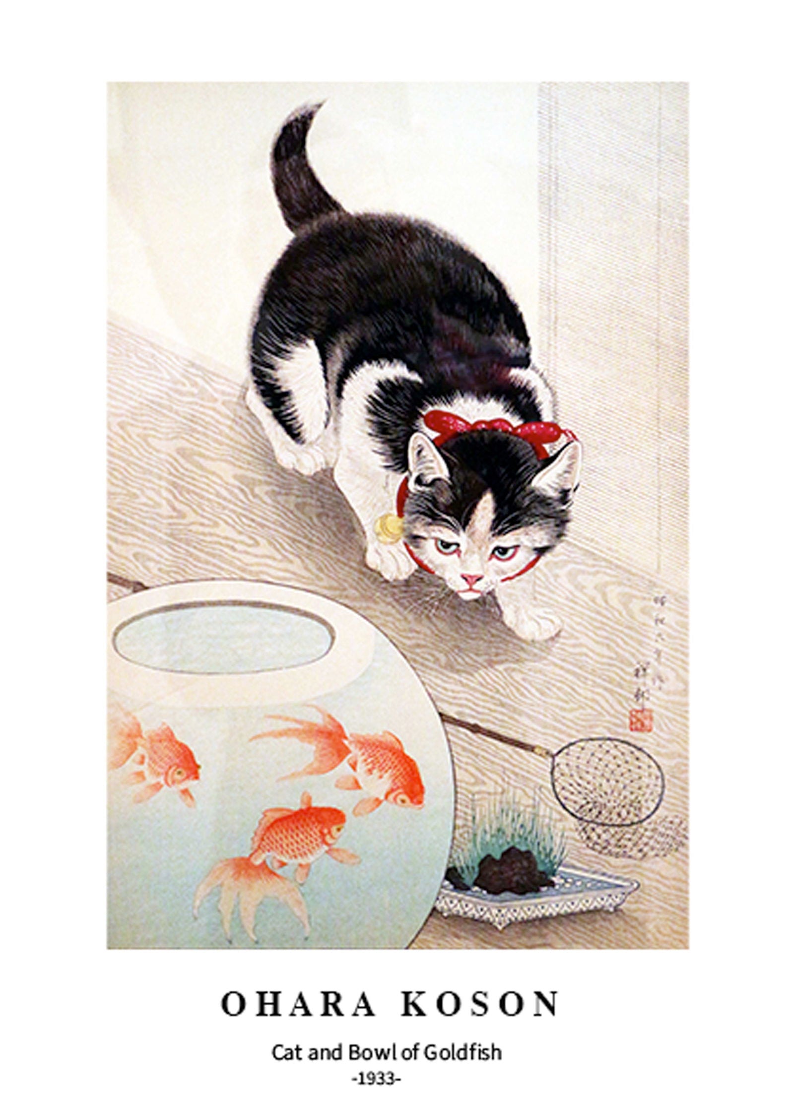 Ohara Koson - Cat and Bowl of Goldfish Poster - Hakyarts