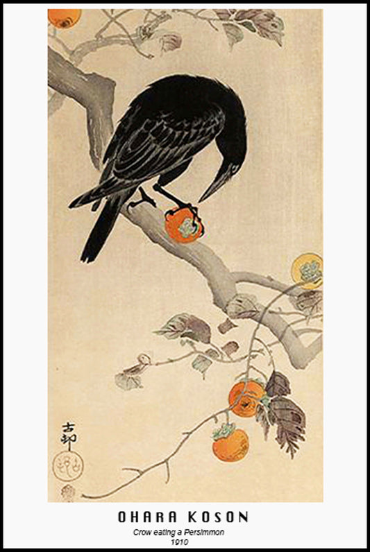 Ohara Koson - Crow eating a Persimmon Poster - Hakyarts