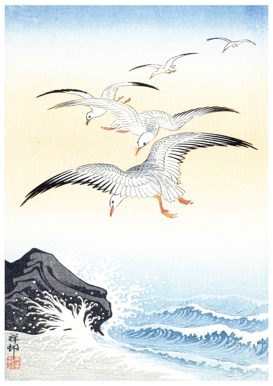 Ohara Koson - Five Seagulls Above Turbulent Sea - Hakyarts