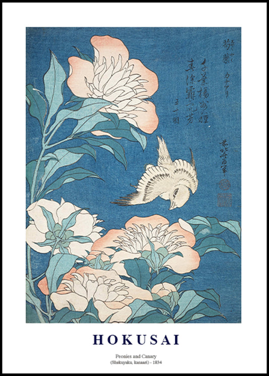 Katsushika Hokusai - Peonies and Canary 'Shakuyaku, Kanaari' Poster